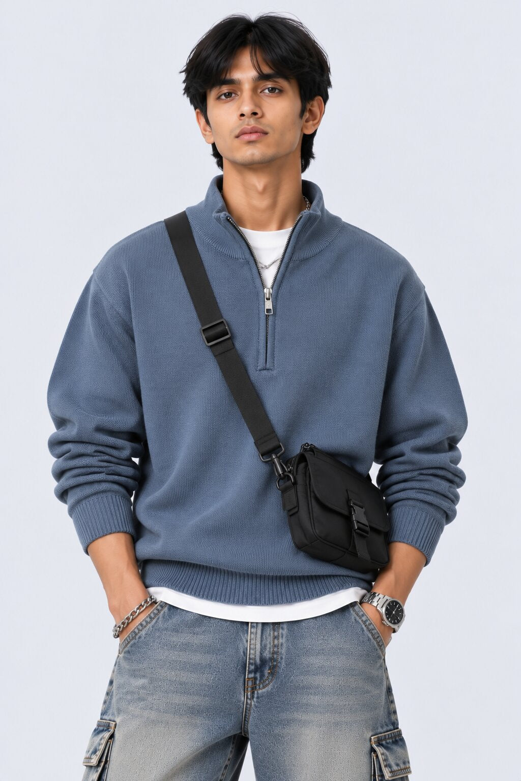 Mens Blue Cotton Blend Relaxed Fit Pullover - Image 1