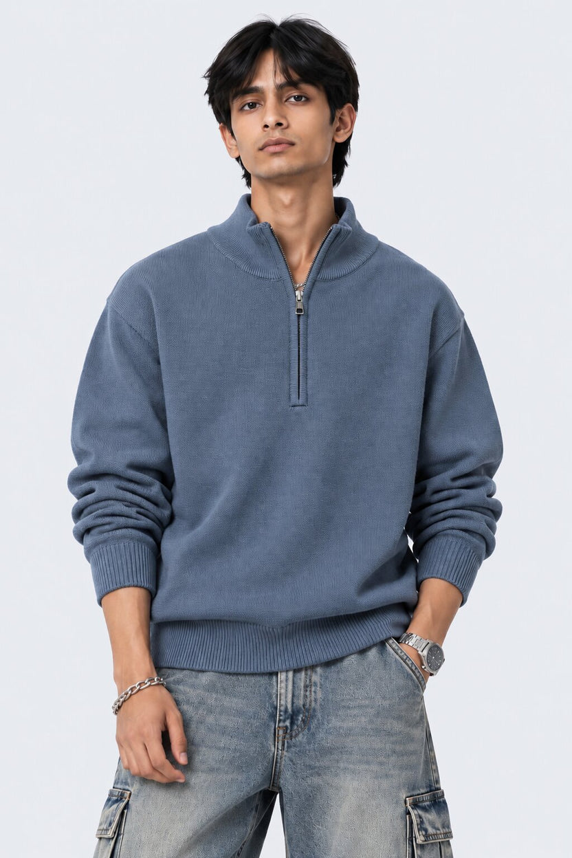 Mens Blue Cotton Blend Relaxed Fit Pullover - Image 2