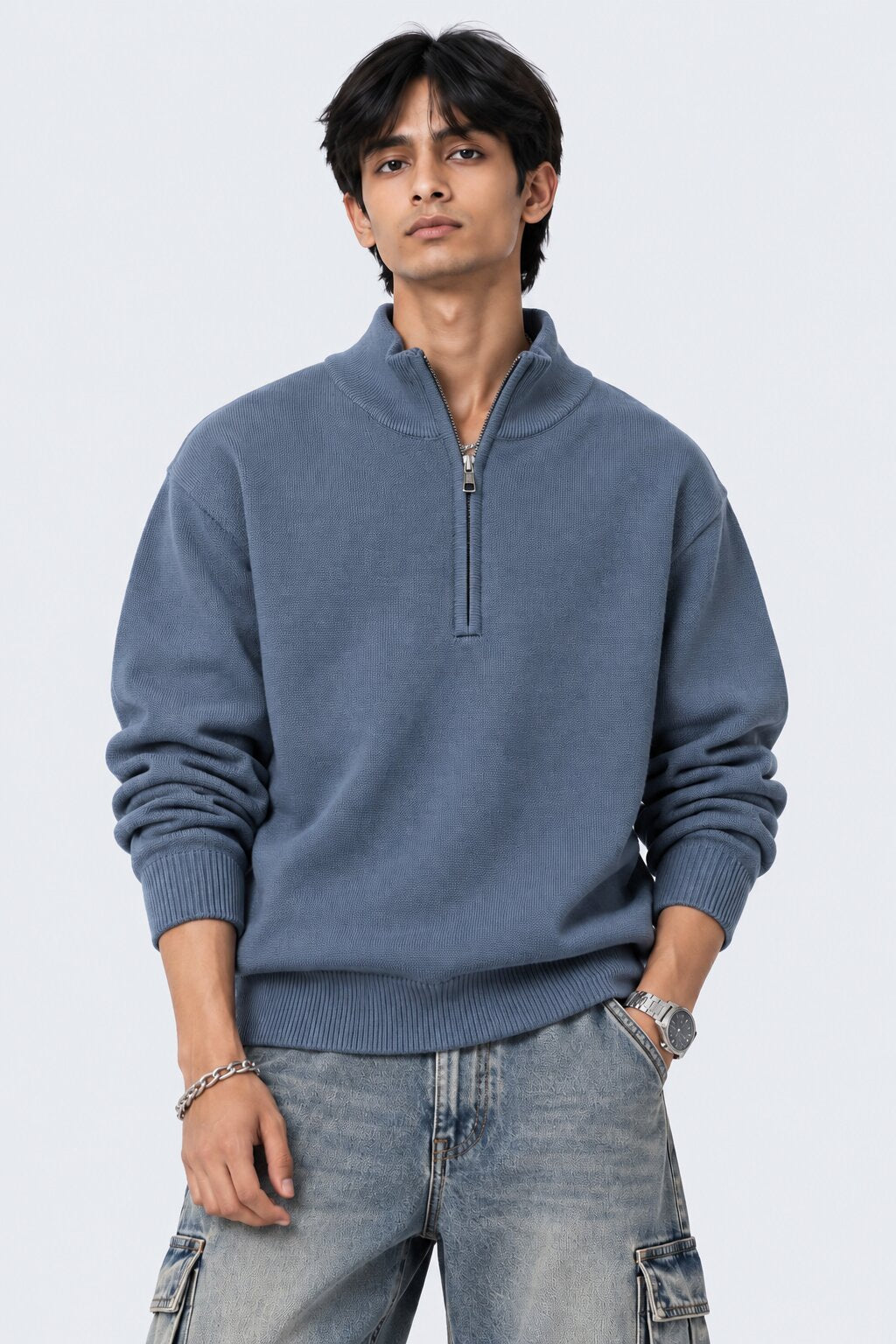 Mens Blue Cotton Blend Relaxed Fit Pullover - Image 2