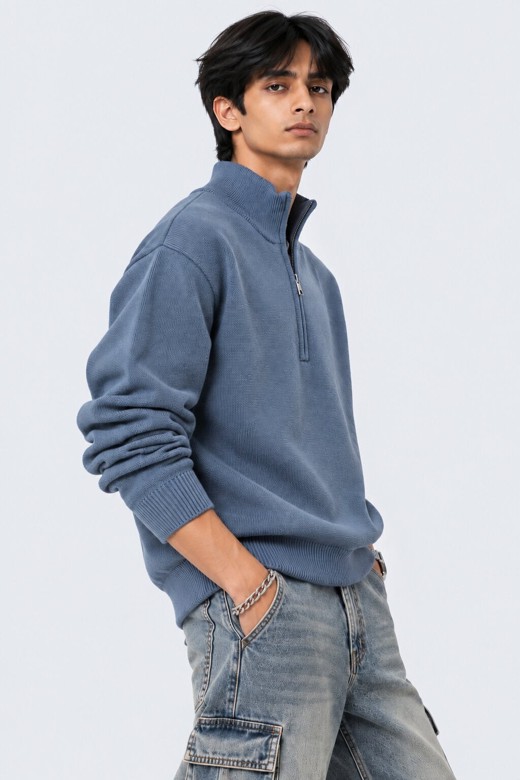 Mens Blue Cotton Blend Relaxed Fit Pullover - Image 4