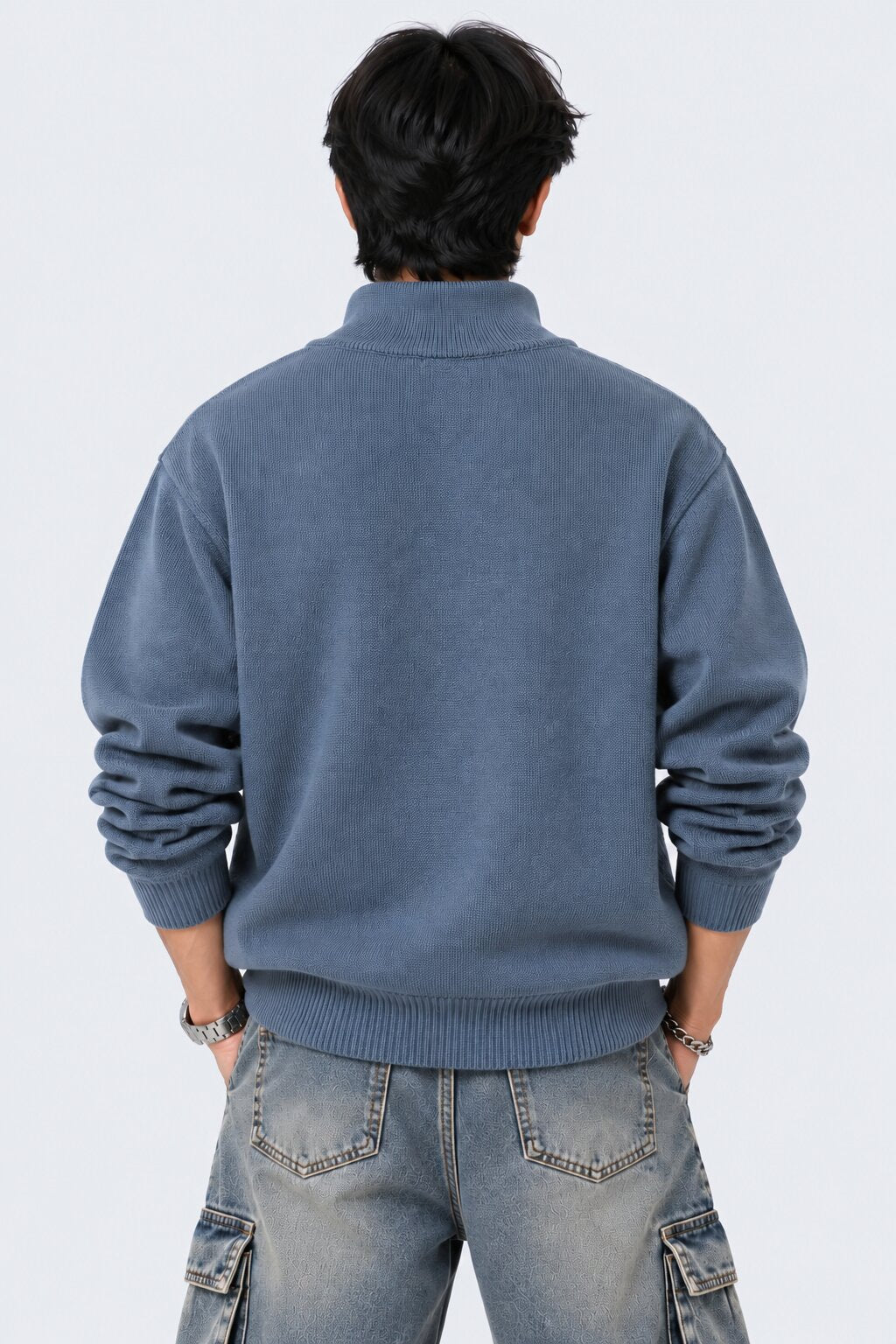 Mens Blue Cotton Blend Relaxed Fit Pullover - Image 5