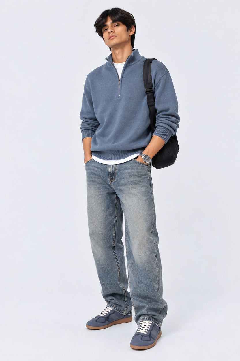 Mens Blue Cotton Blend Relaxed Fit Pullover - Image 6