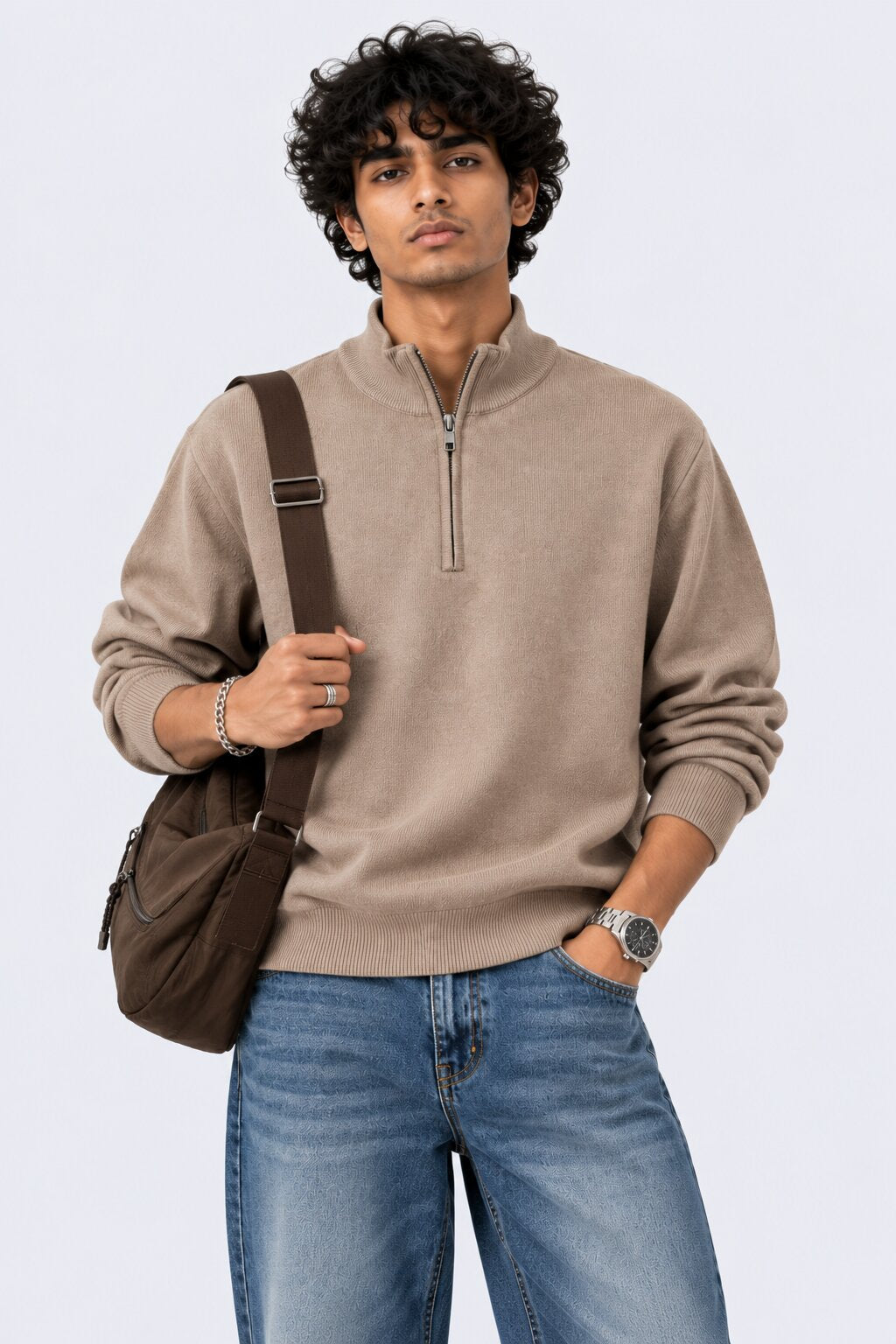 Mens Taupe Cotton Blend Relaxed Fit Pullover - Image 1