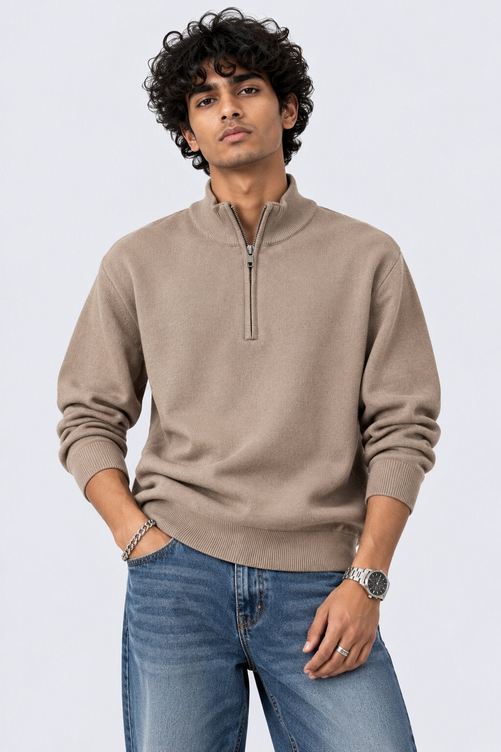 Mens Taupe Cotton Blend Relaxed Fit Pullover - Image 2