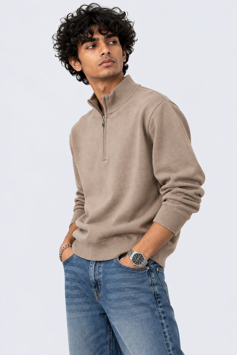 Mens Taupe Cotton Blend Relaxed Fit Pullover - Image 4