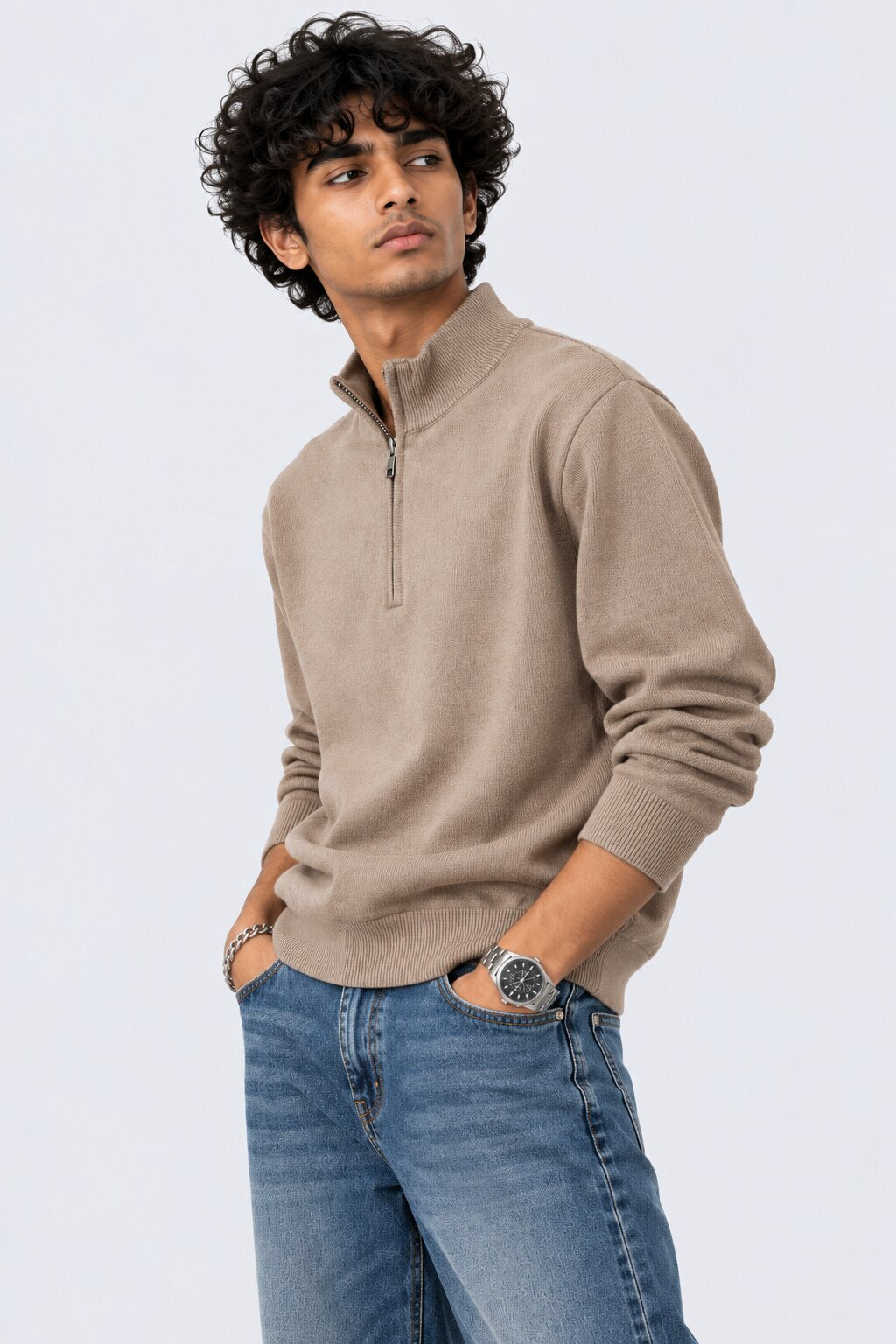 Mens Taupe Cotton Blend Relaxed Fit Pullover - Image 4