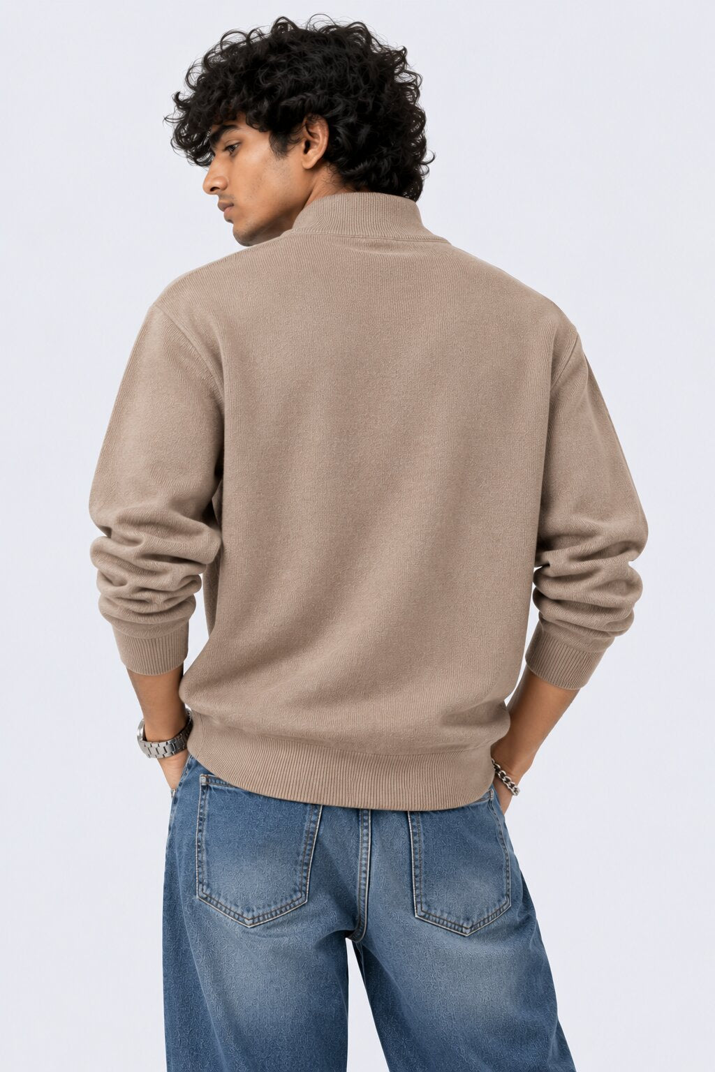 Mens Taupe Cotton Blend Relaxed Fit Pullover - Image 5