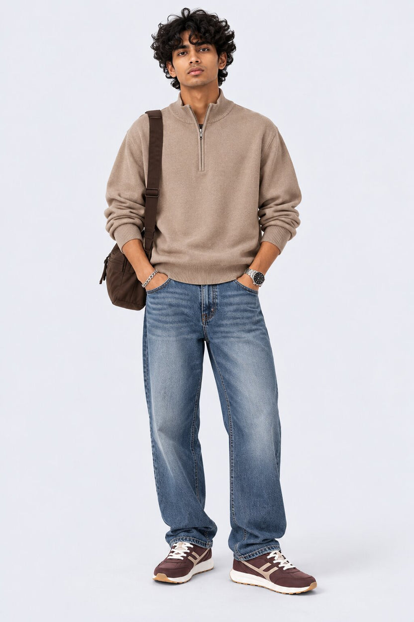 Mens Taupe Cotton Blend Relaxed Fit Pullover - Image 6
