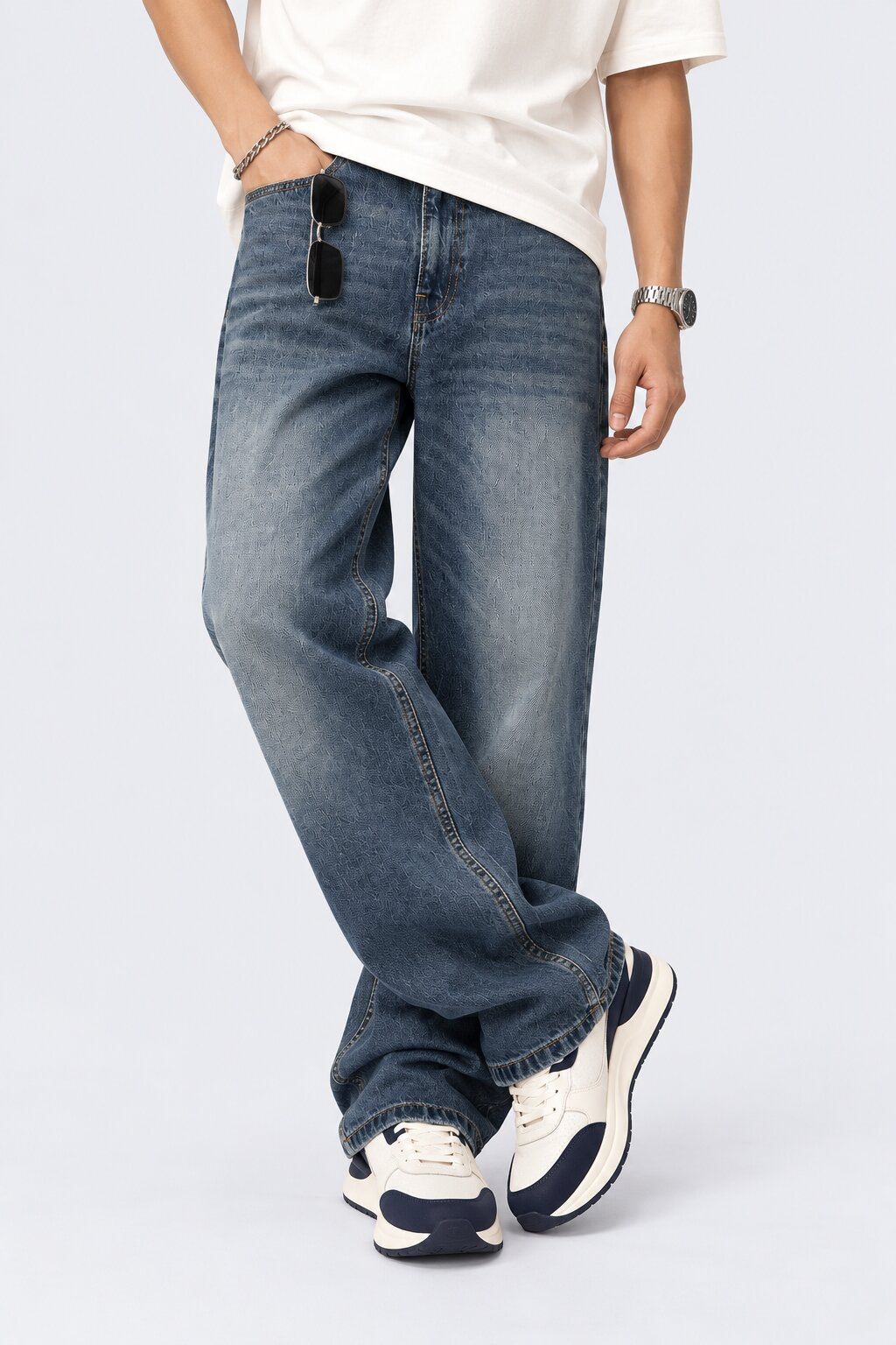 Mens Blue Denim Cotton Baggy Fit Jeans - Image 1
