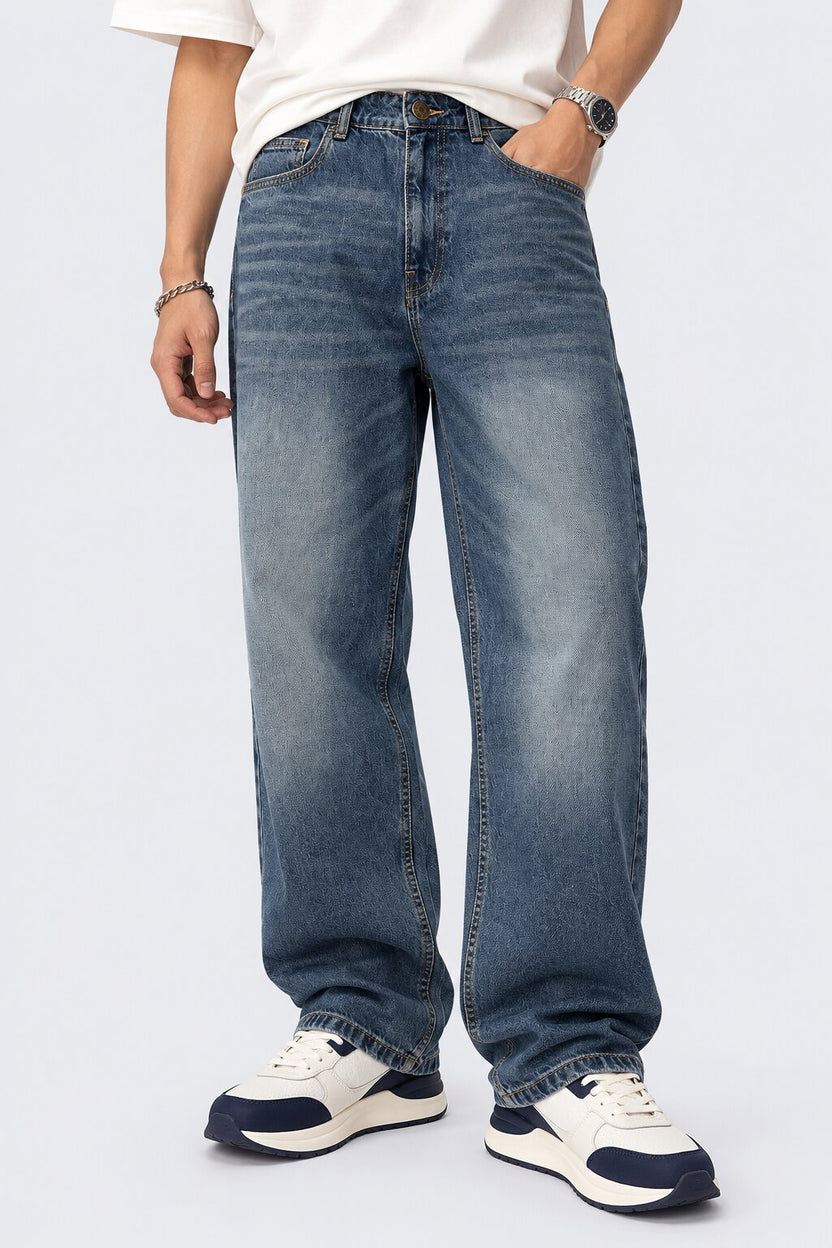Mens Blue Denim Cotton Baggy Fit Jeans - Image 2