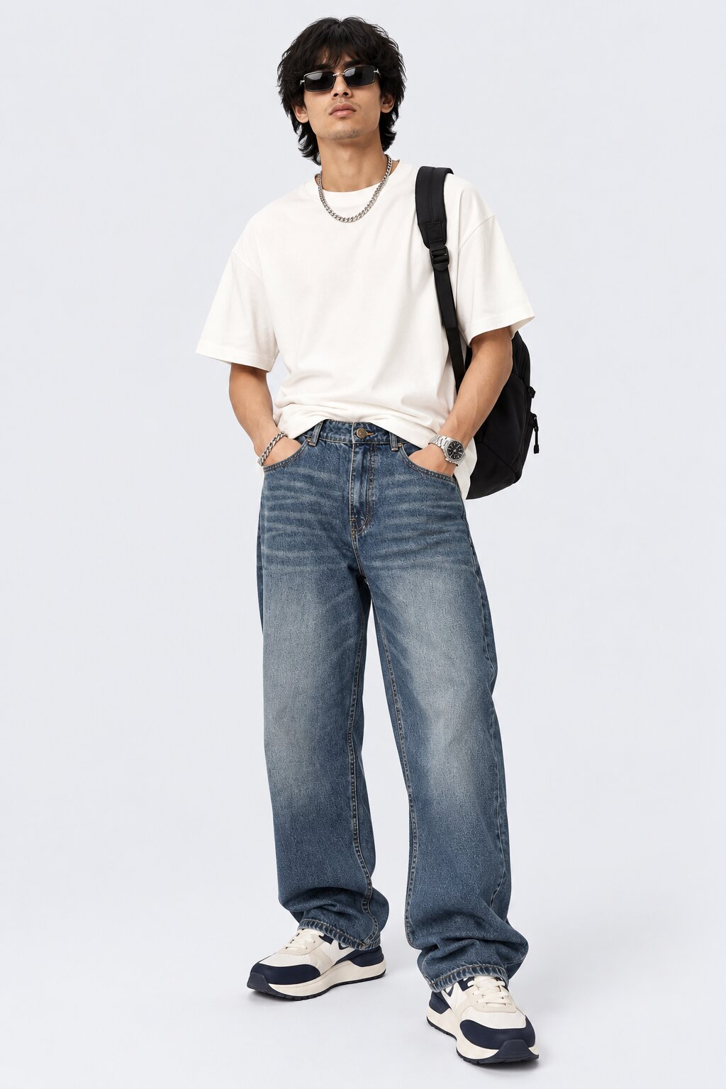 Mens Blue Denim Cotton Baggy Fit Jeans - Image 6
