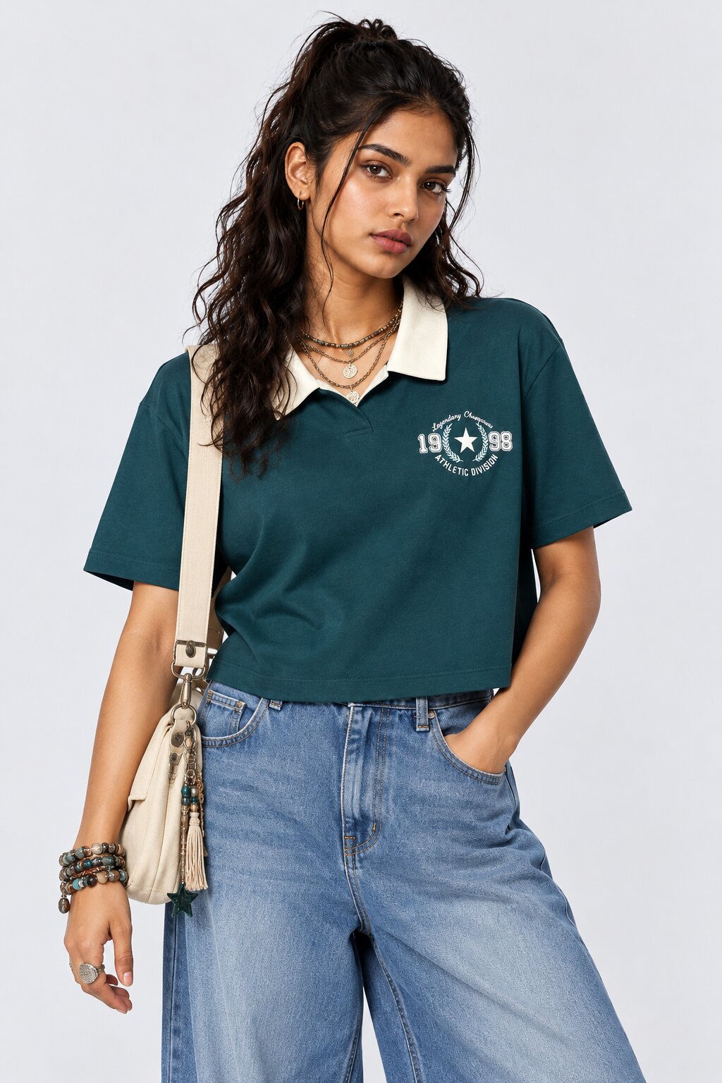 Womens Green Graphic Print Cropped T-Shirt - Image 1