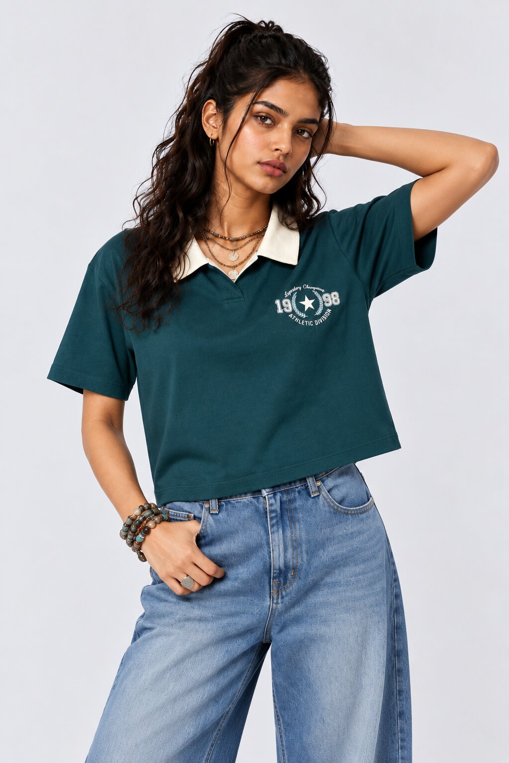 Womens Green Graphic Print Cropped T-Shirt - Image 2