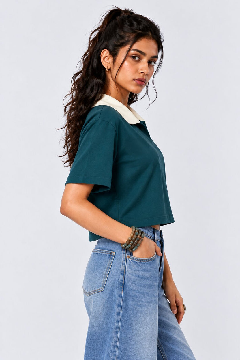 Womens Green Graphic Print Cropped T-Shirt - Image 4