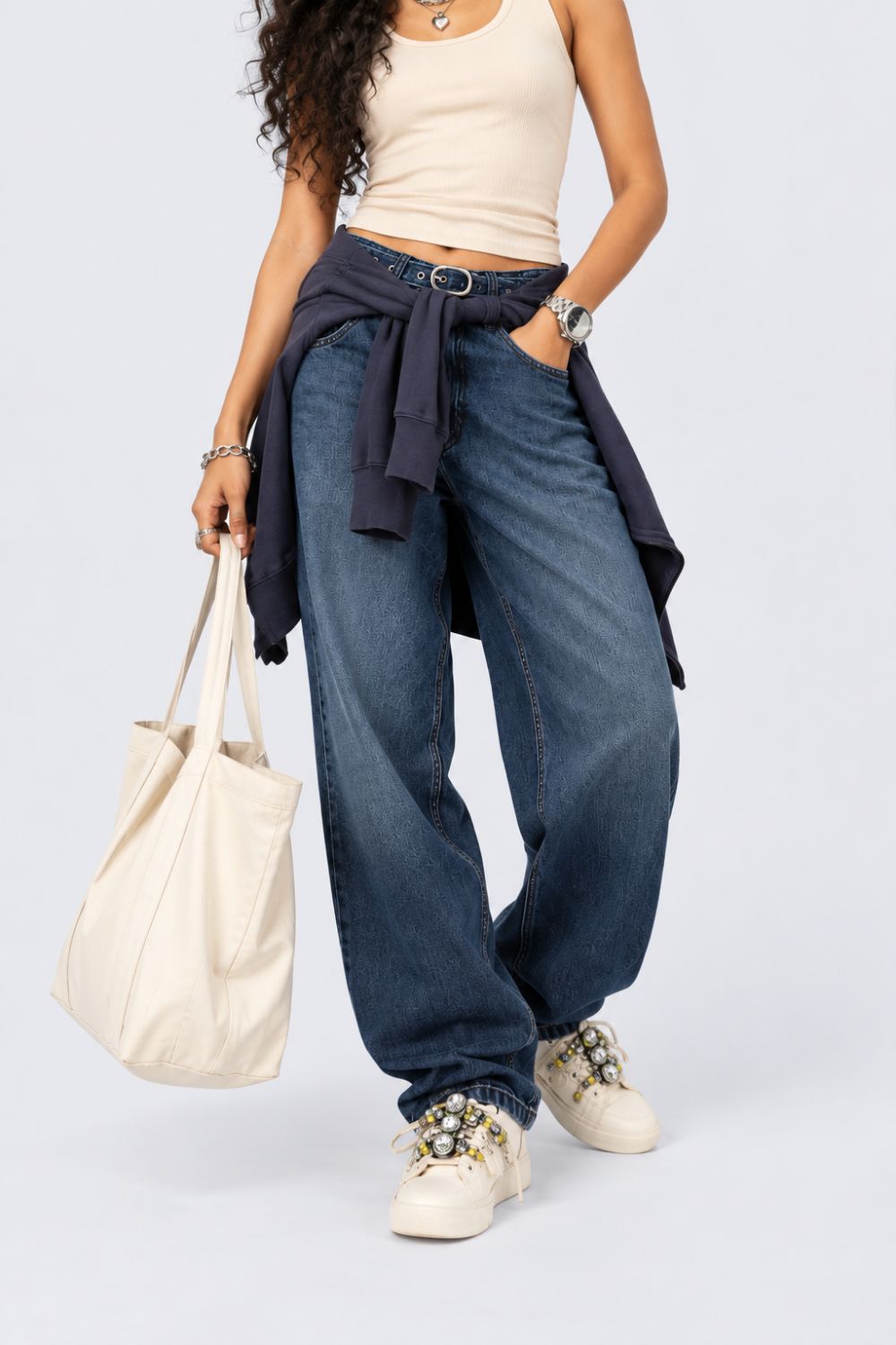 Womens Navy Barrel Fit Belted Jeans With 5 Pocket - Image 1