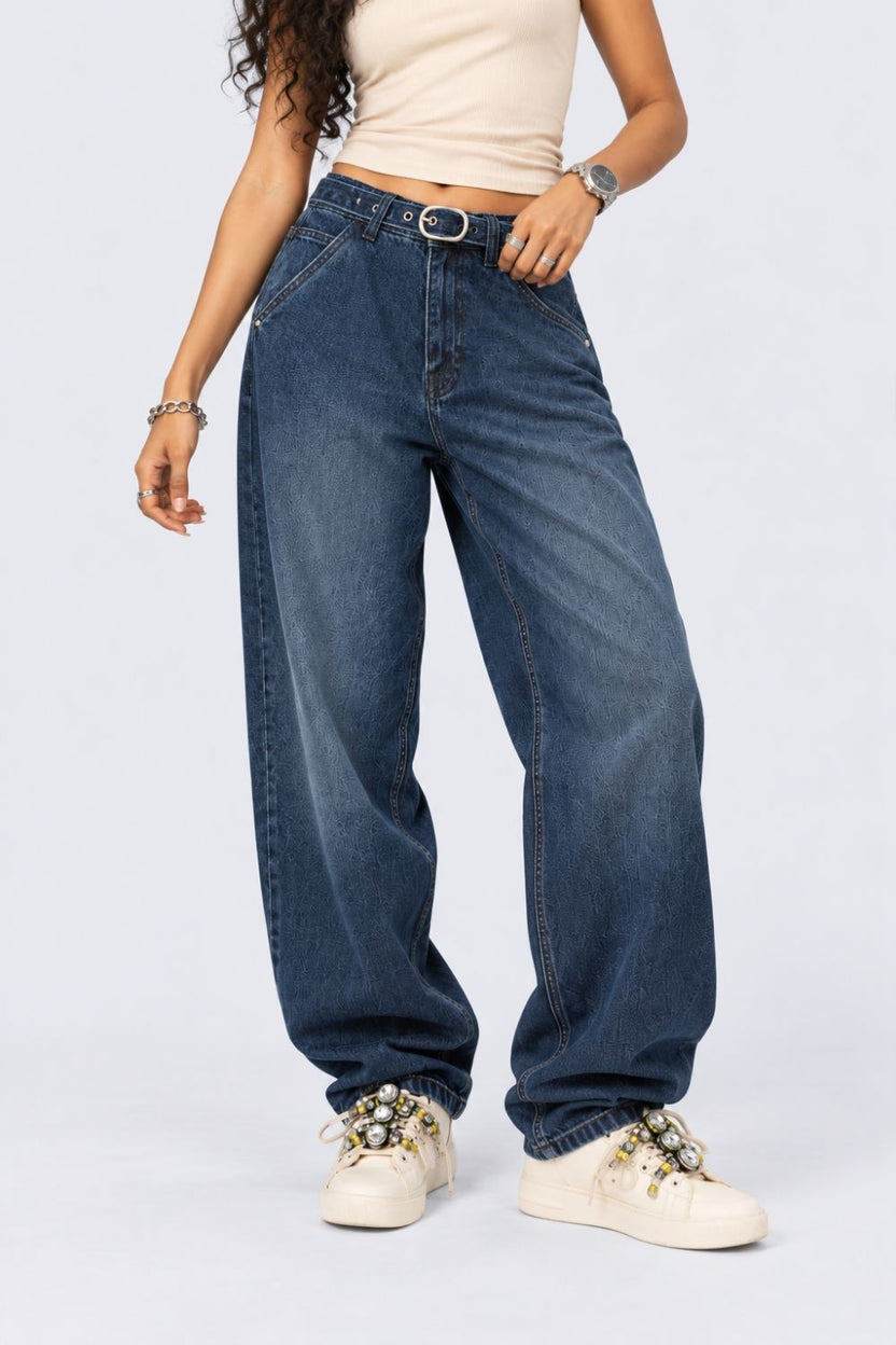Womens Navy Barrel Fit Belted Jeans With 5 Pocket - Image 2