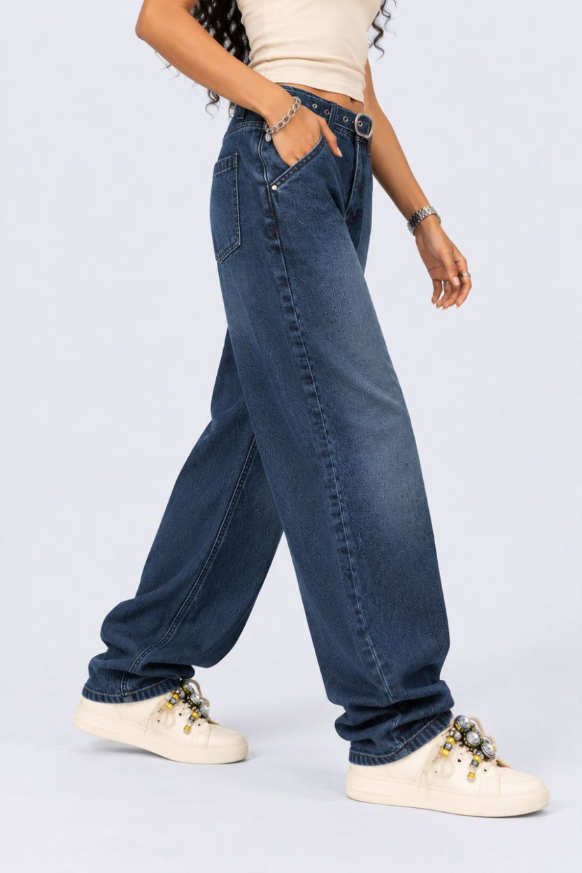 Womens Navy Barrel Fit Belted Jeans With 5 Pocket - Image 4