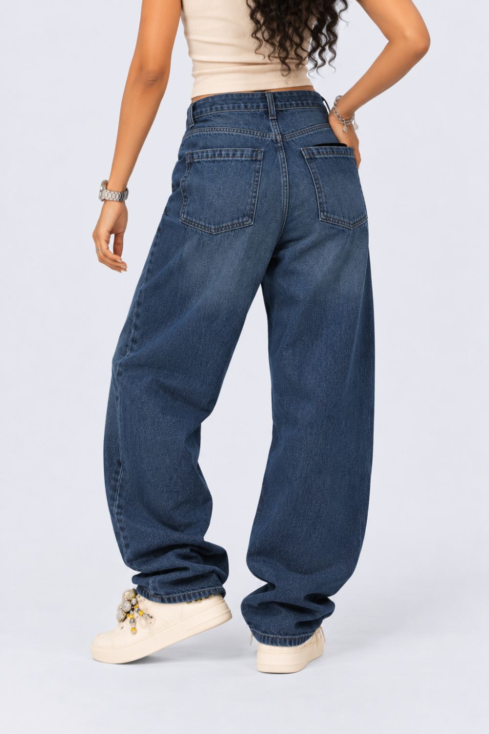 Womens Navy Barrel Fit Belted Jeans With 5 Pocket - Image 5