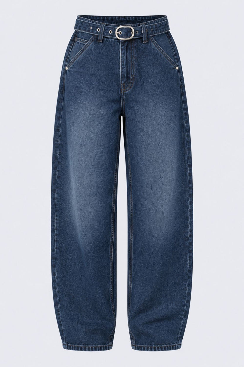 Womens Navy Barrel Fit Belted Jeans With 5 Pocket - Image 7