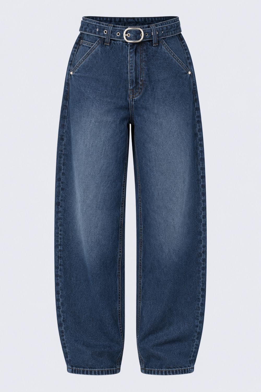 Womens Navy Barrel Fit Belted Jeans With 5 Pocket - Image 7