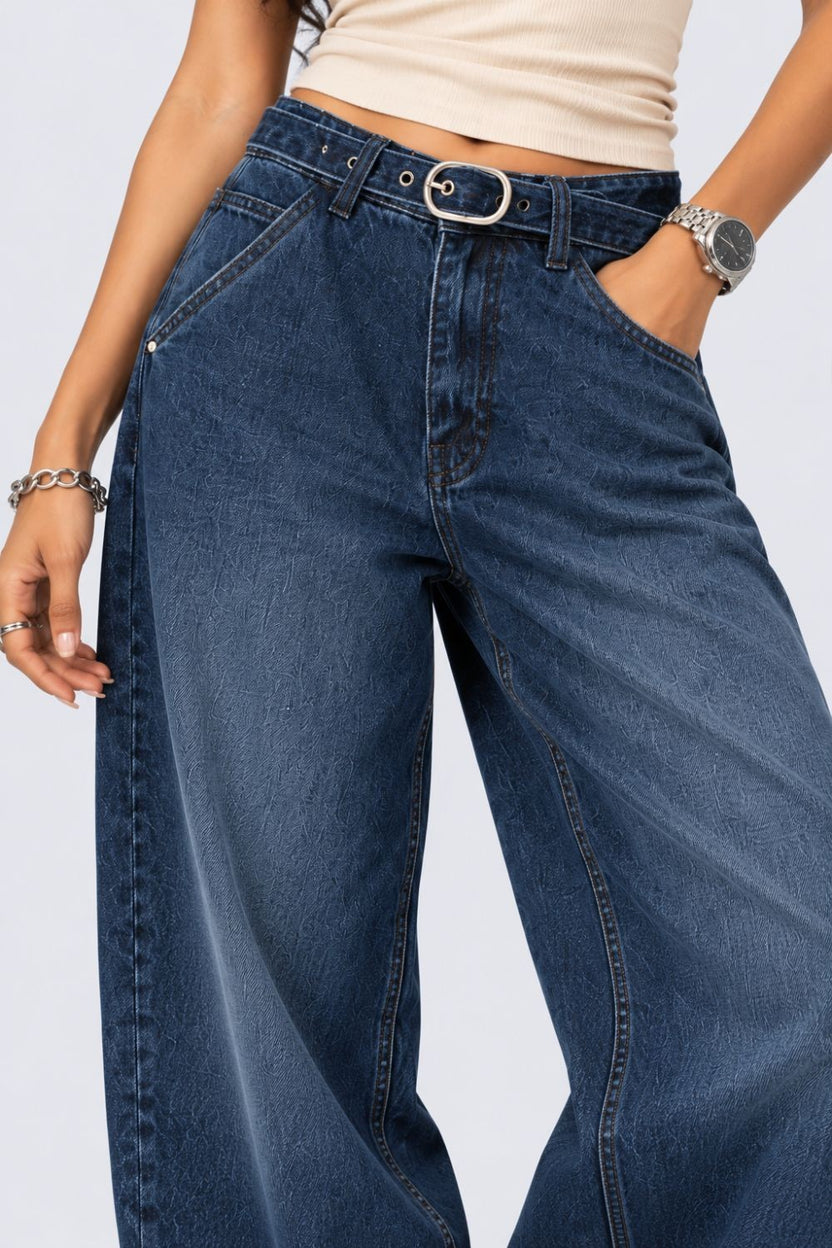 Womens Navy Barrel Fit Belted Jeans With 5 Pocket - Image 9