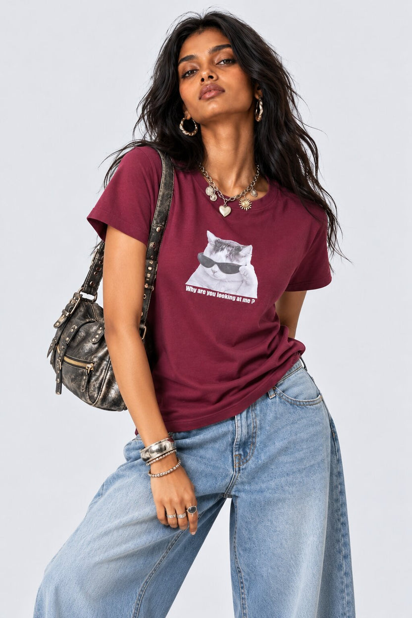 Womens Maroon Cat Graphic Printed T-Shirt - Image 1