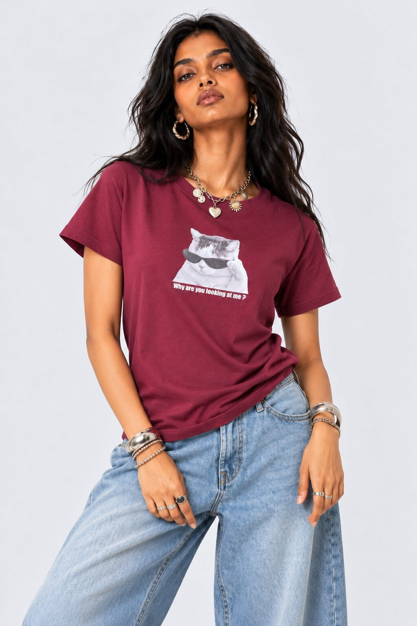 Womens Maroon Cat Graphic Printed T-Shirt - Image 2