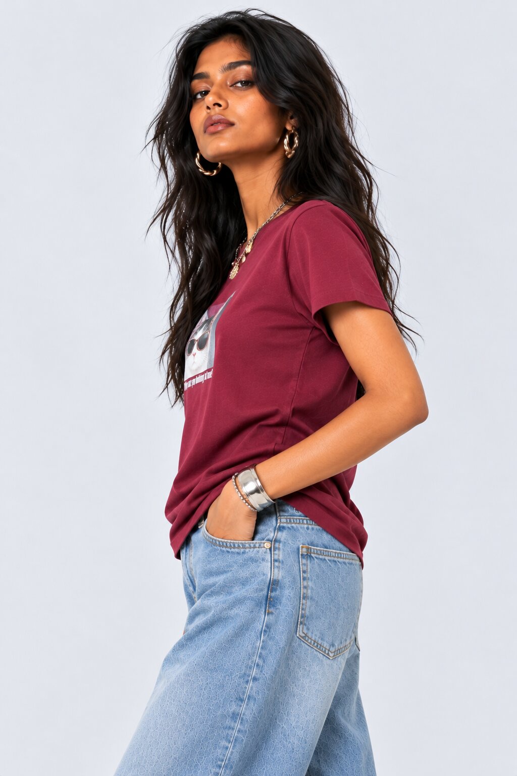 Womens Maroon Cat Graphic Printed T-Shirt - Image 4