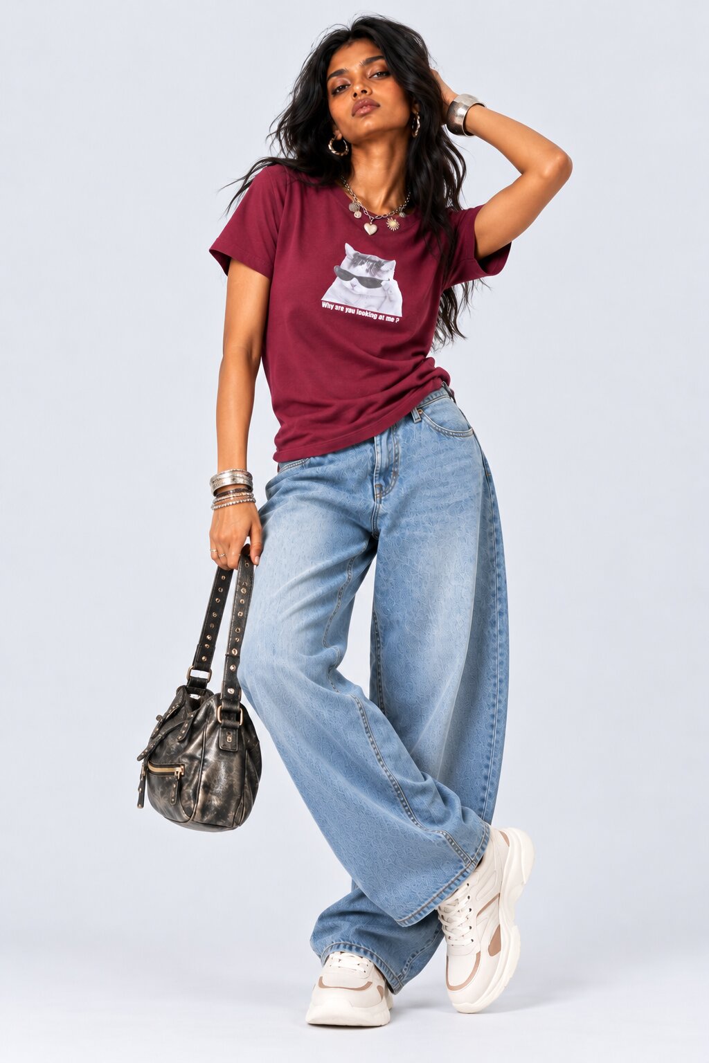 Womens Maroon Cat Graphic Printed T-Shirt - Image 6