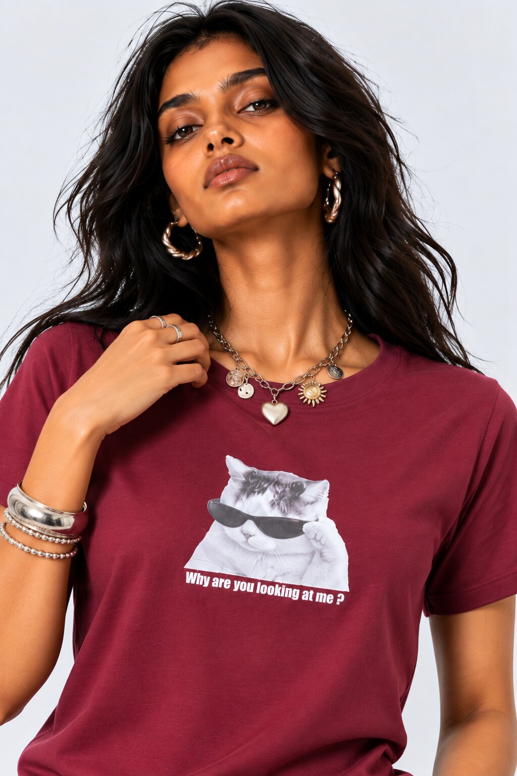 Womens Maroon Cat Graphic Printed T-Shirt - Image 8
