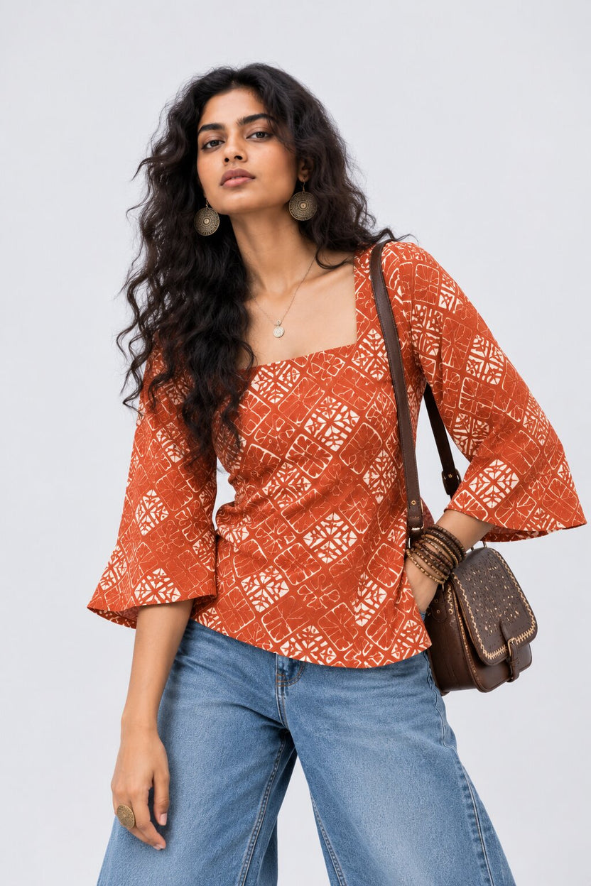 Womens Rust Abstract Print Square Neck Top - Image 1