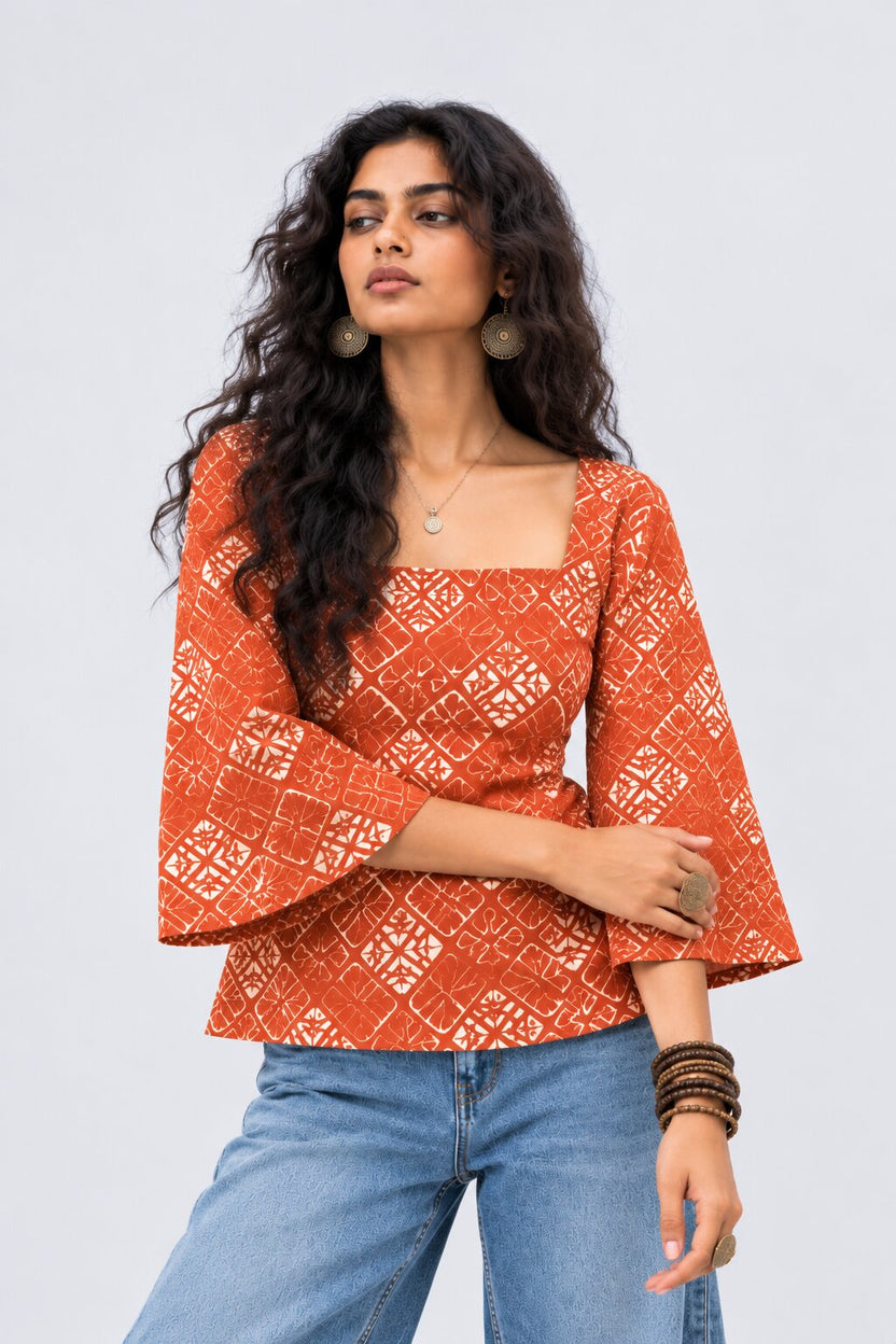 Womens Rust Abstract Print Square Neck Top - Image 2