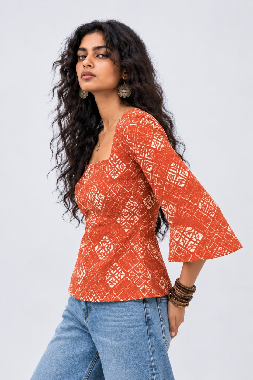 Womens Rust Abstract Print Square Neck Top - Image 4