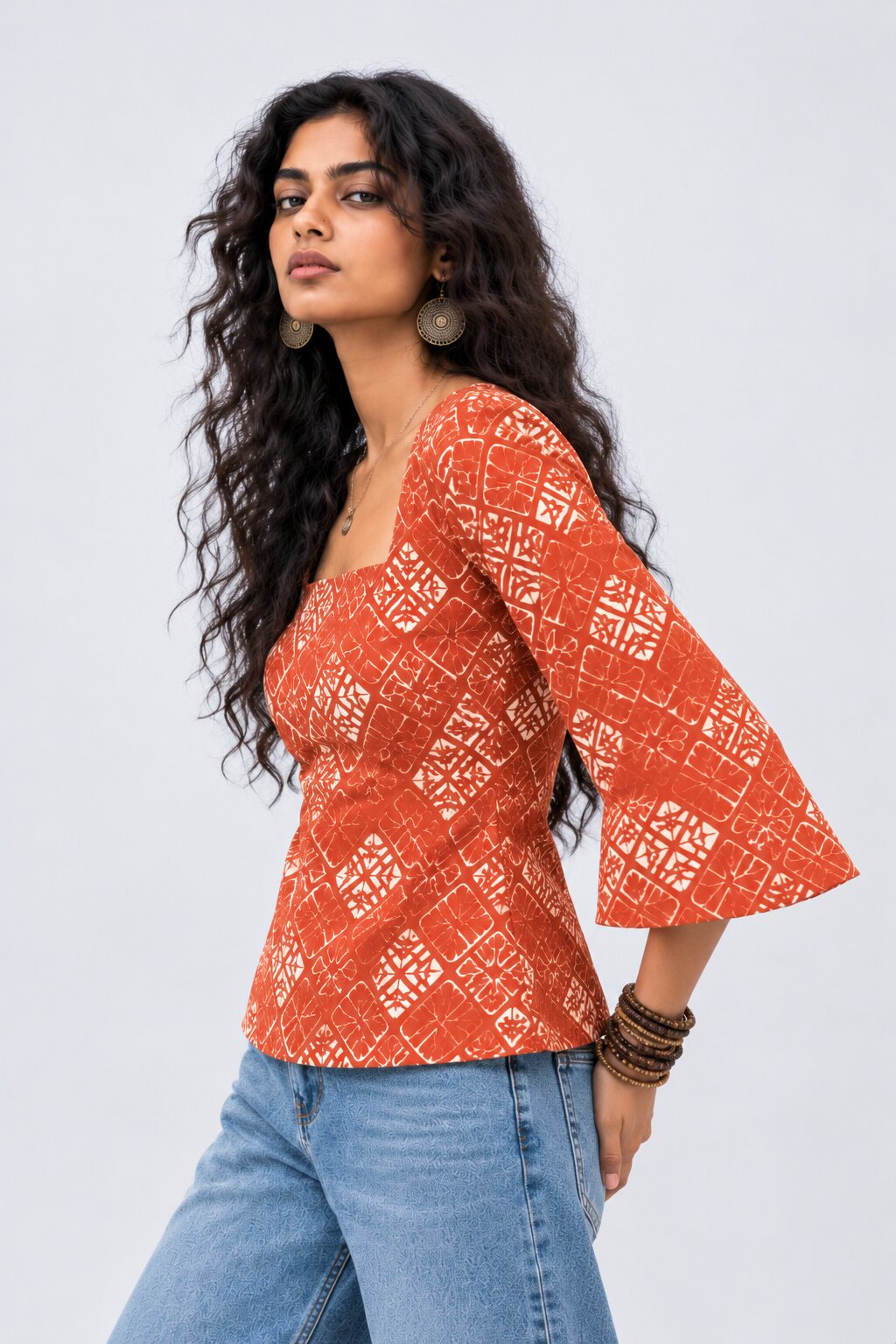 Womens Rust Abstract Print Square Neck Top - Image 4