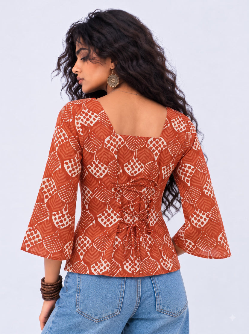 Womens Rust Abstract Print Square Neck Top - Image 5