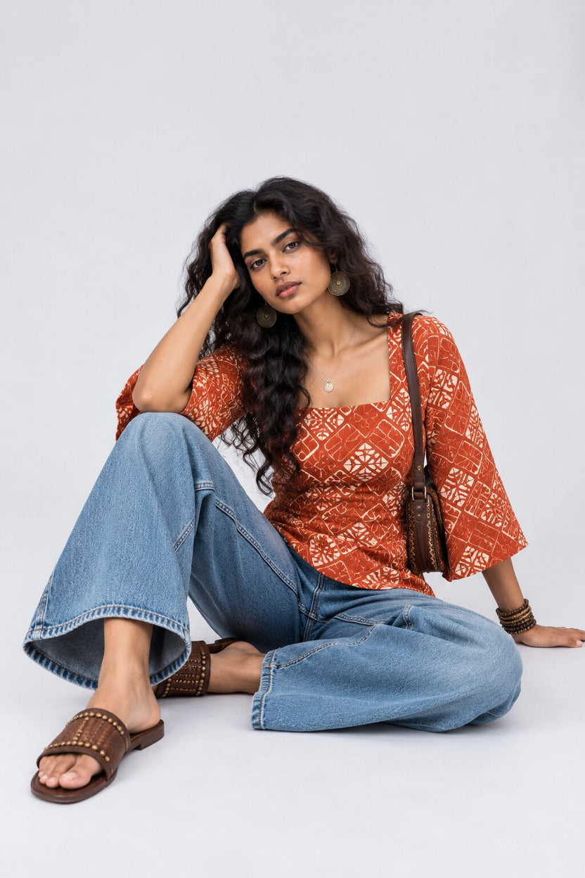 Womens Rust Abstract Print Square Neck Top - Image 6
