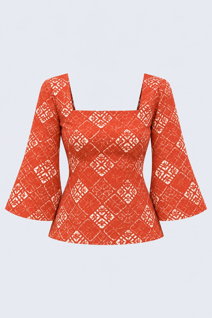 Womens Rust Abstract Print Square Neck Top - Image 7