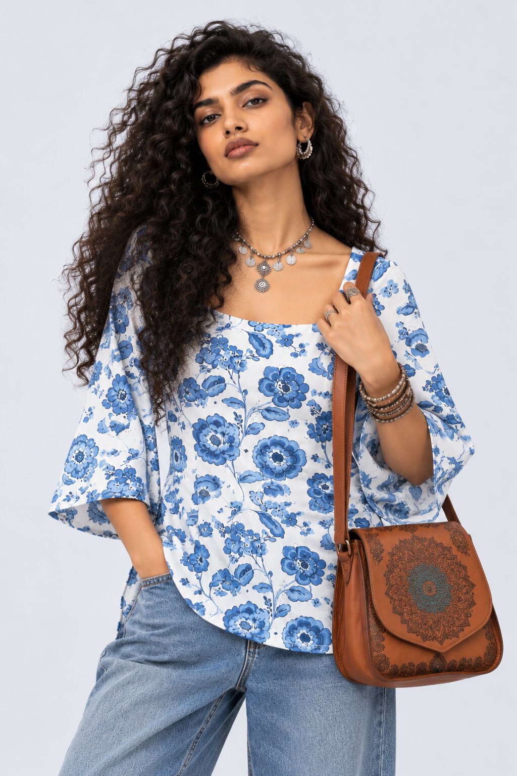 Womens Blue Floral Print Flared Sleeve Top - Image 1