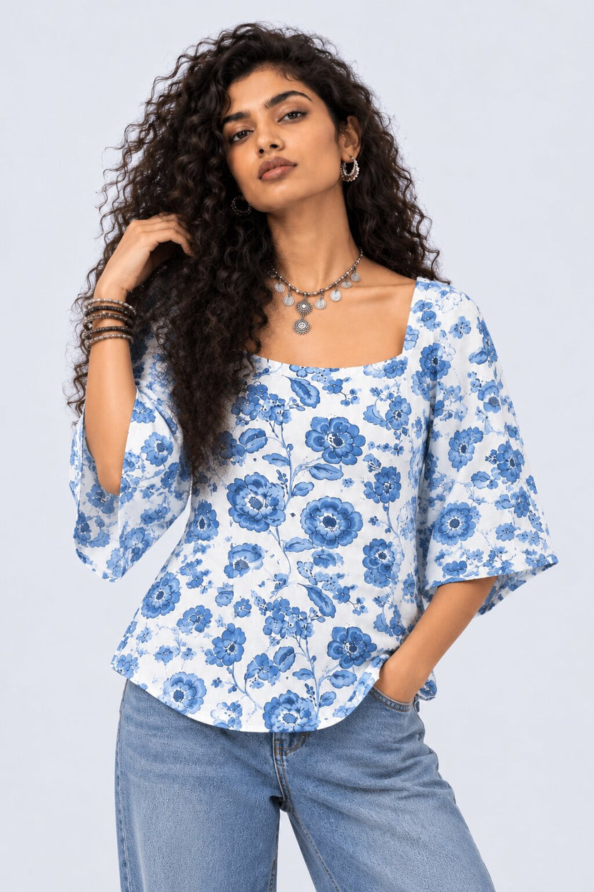 Womens Blue Floral Print Flared Sleeve Top - Image 2
