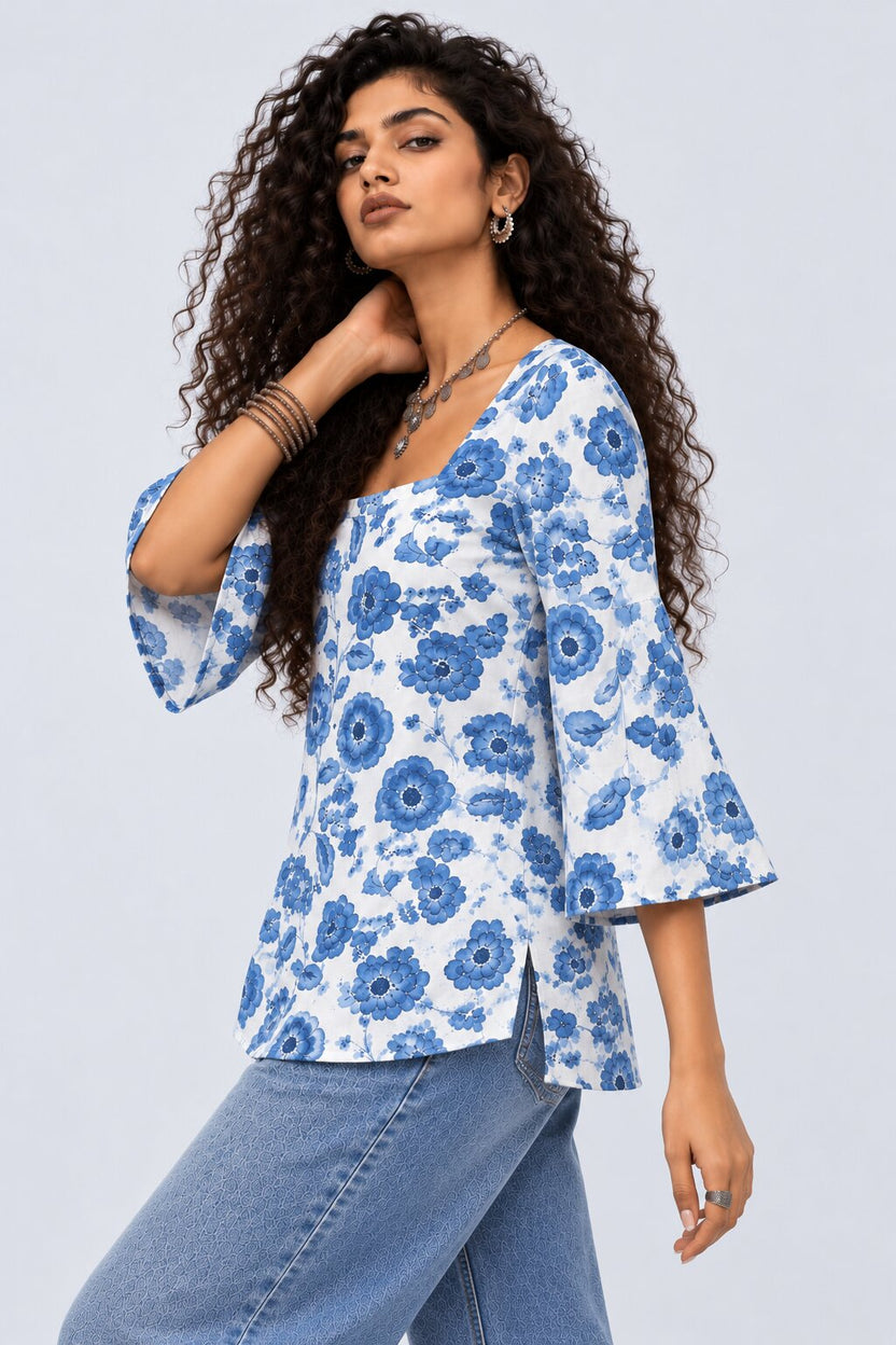 Womens Blue Floral Print Flared Sleeve Top - Image 4