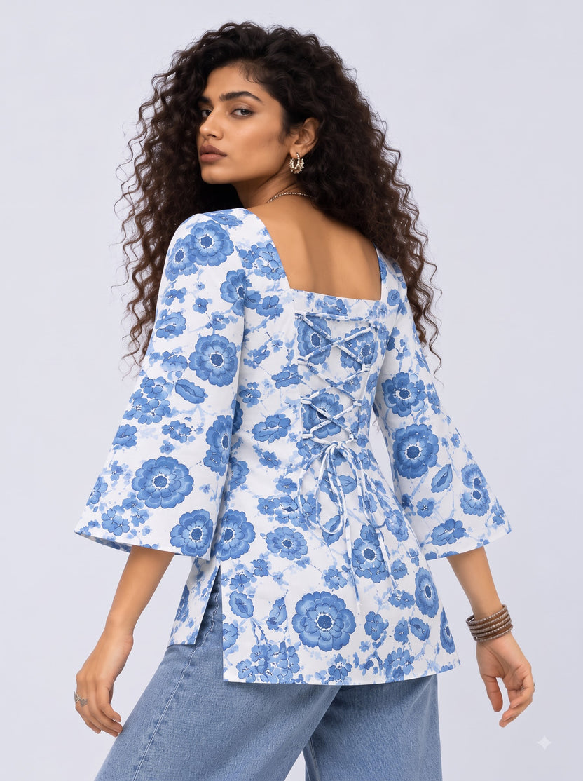 Womens Blue Floral Print Flared Sleeve Top - Image 5