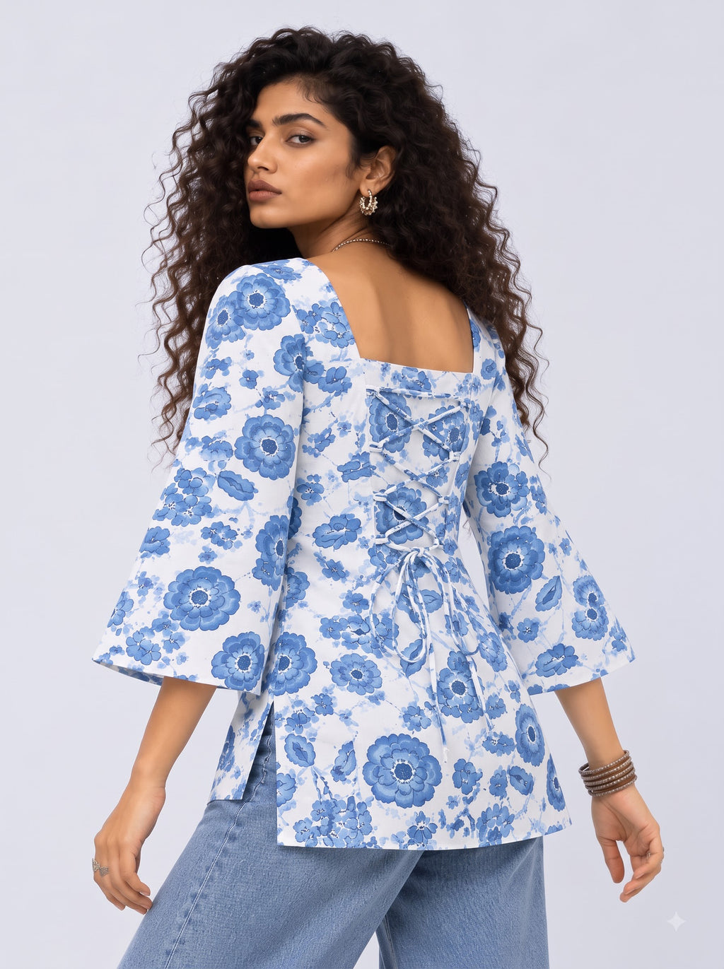 Womens Blue Floral Print Flared Sleeve Top - Image 5