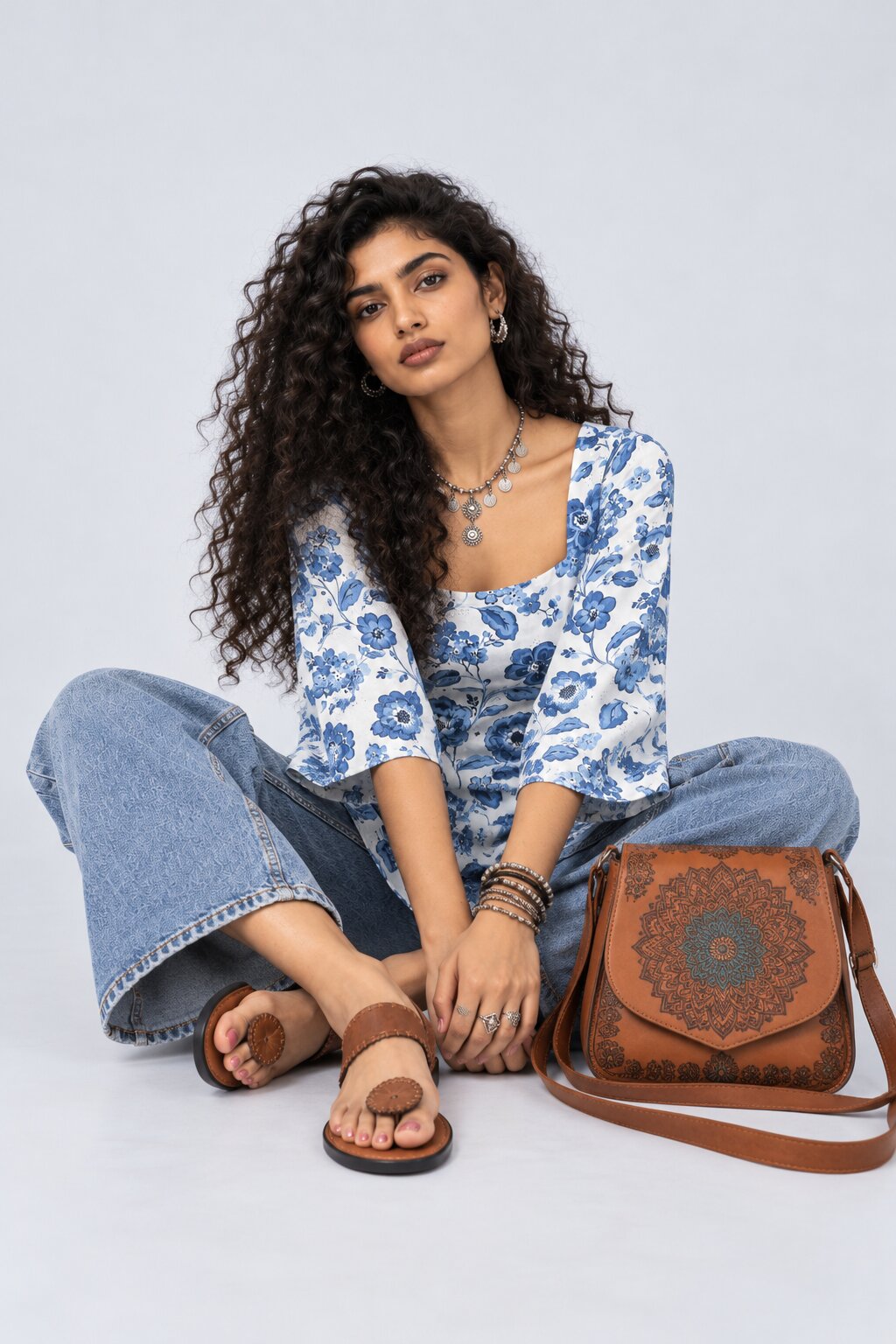 Womens Blue Floral Print Flared Sleeve Top - Image 6