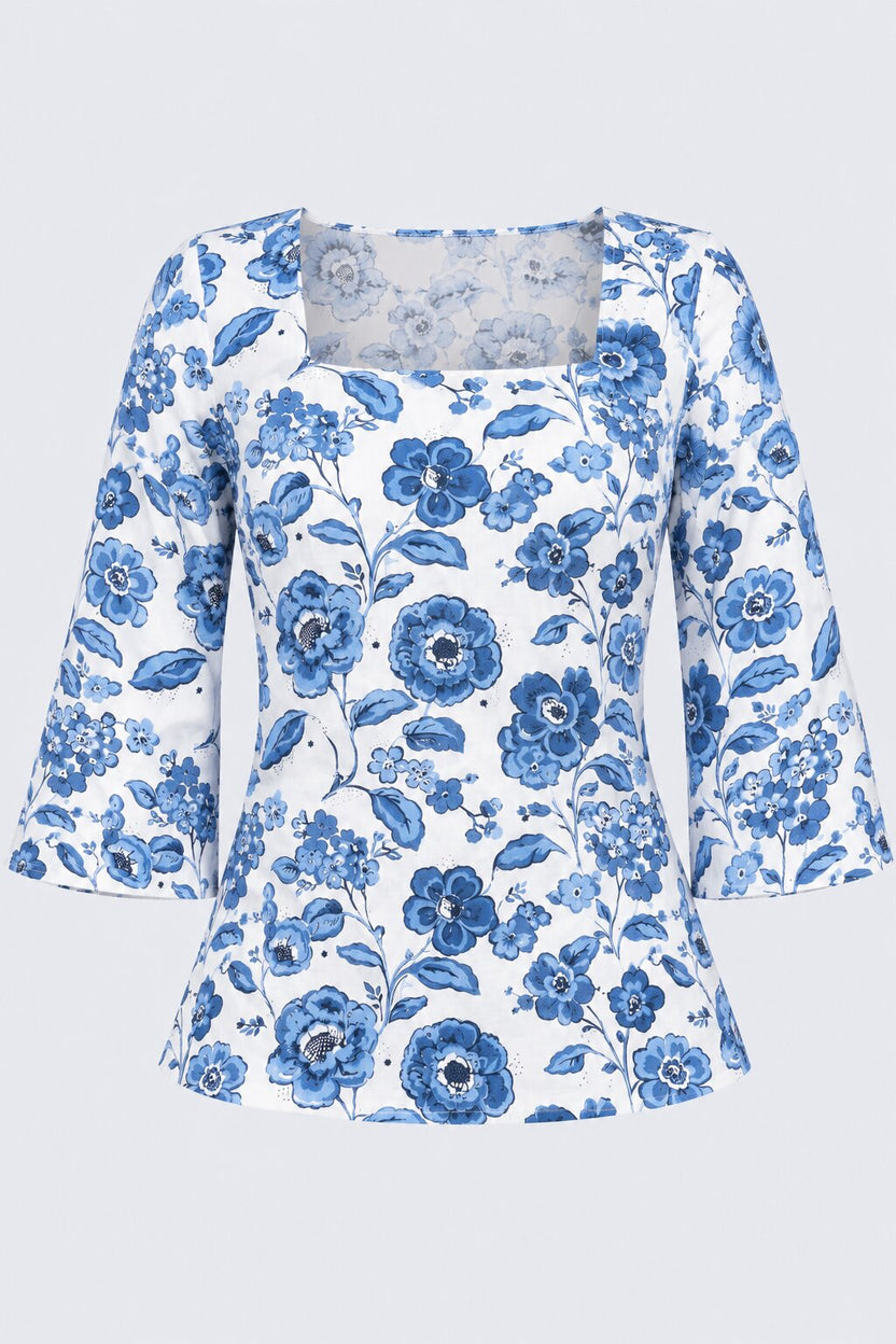 Womens Blue Floral Print Flared Sleeve Top - Image 7