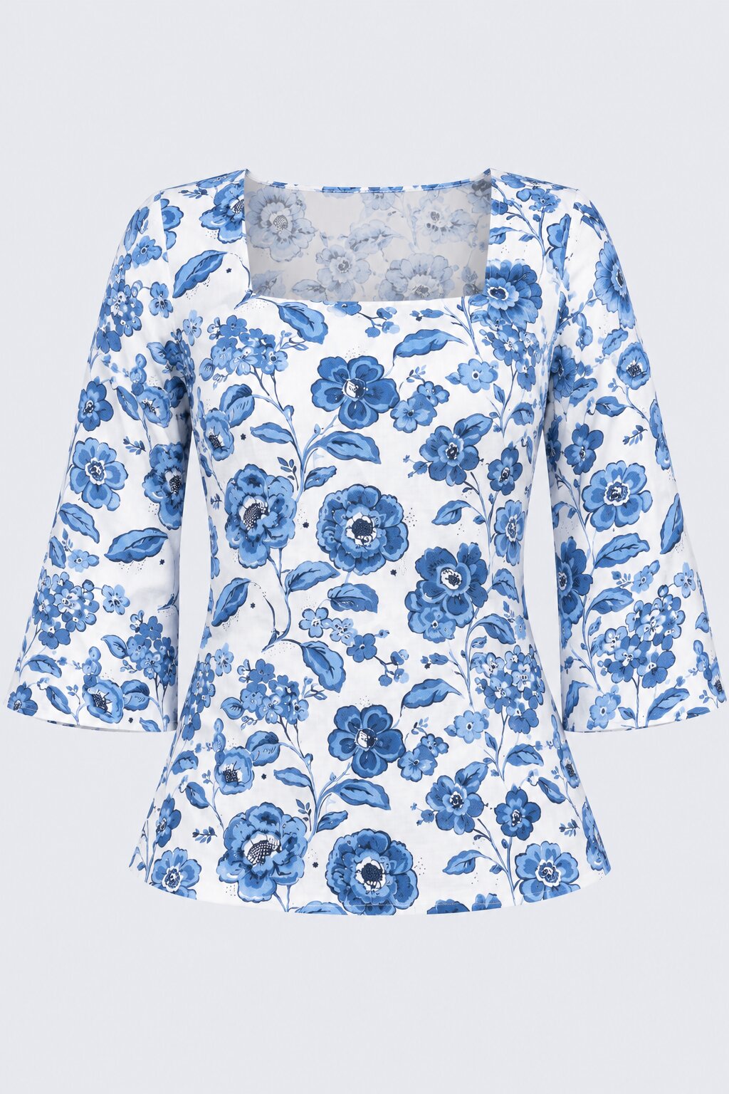 Womens Blue Floral Print Flared Sleeve Top - Image 7