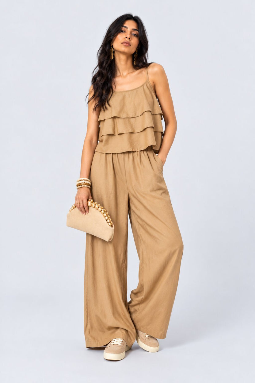 Womens Beige Layered Wide Leg Jumpsuit - Image 1