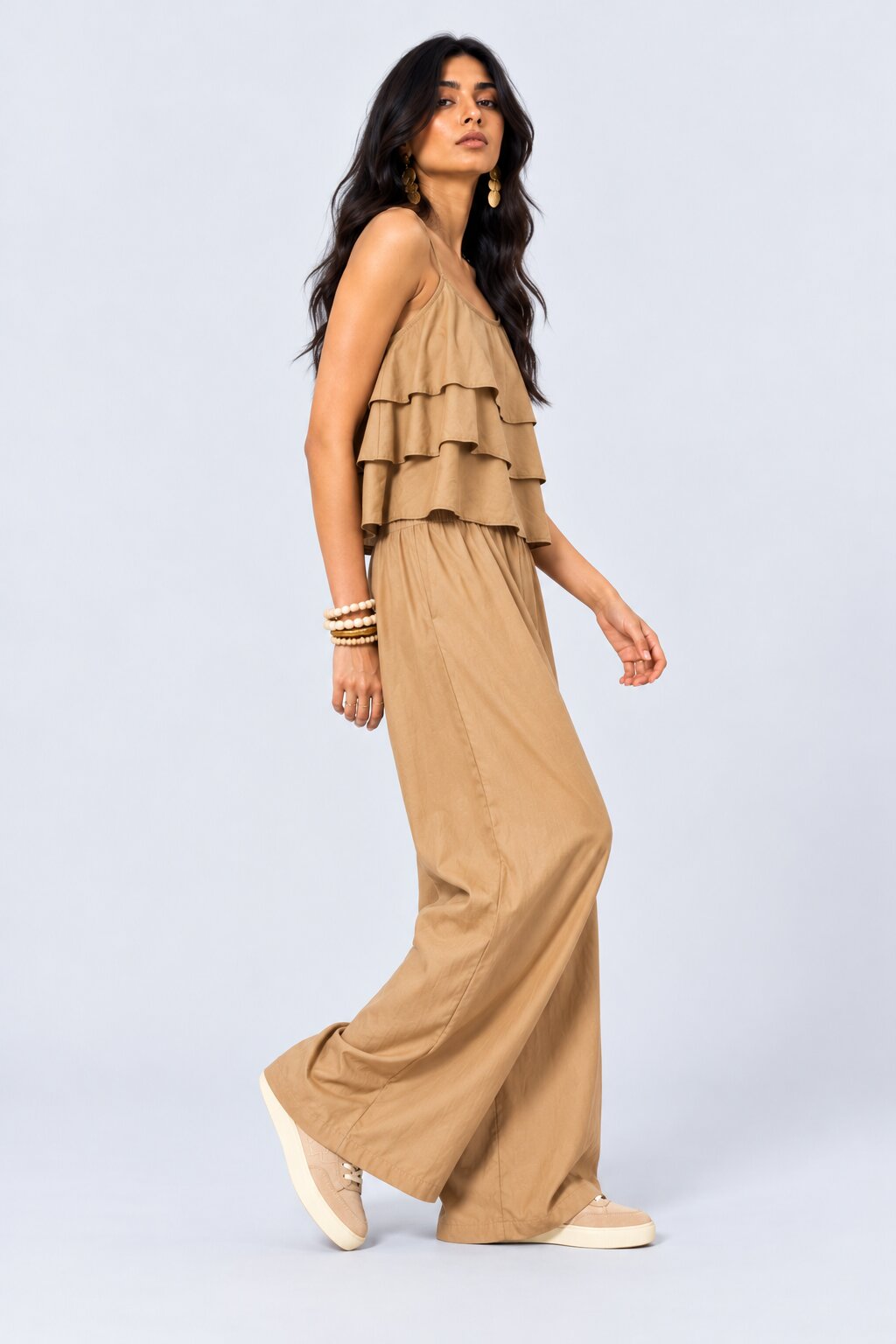 Womens Beige Layered Wide Leg Jumpsuit - Image 4