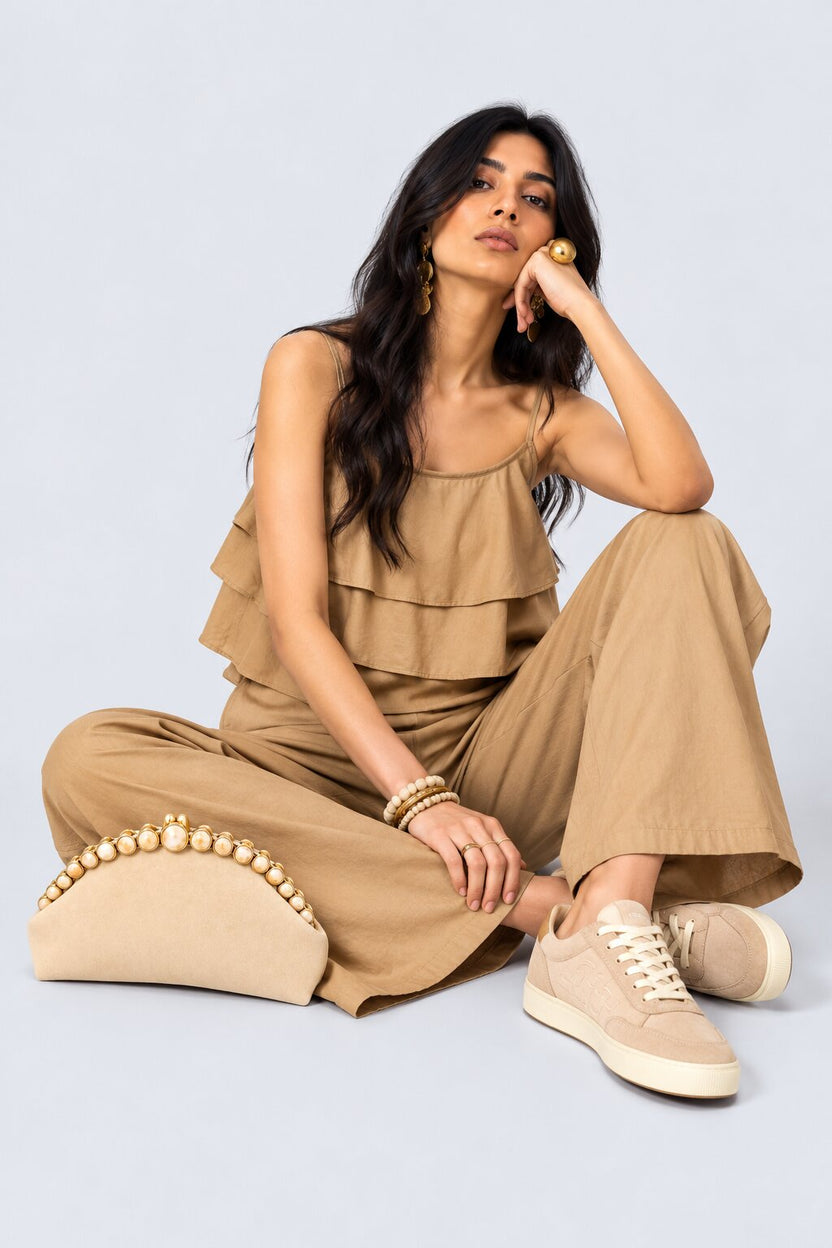 Womens Beige Layered Wide Leg Jumpsuit - Image 6