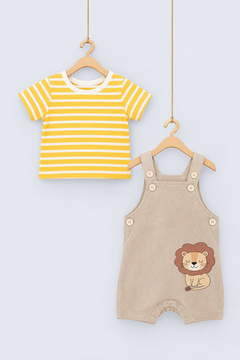 Infant Boys Beige and Yellow Lion Print Dungaree Set - Image 1