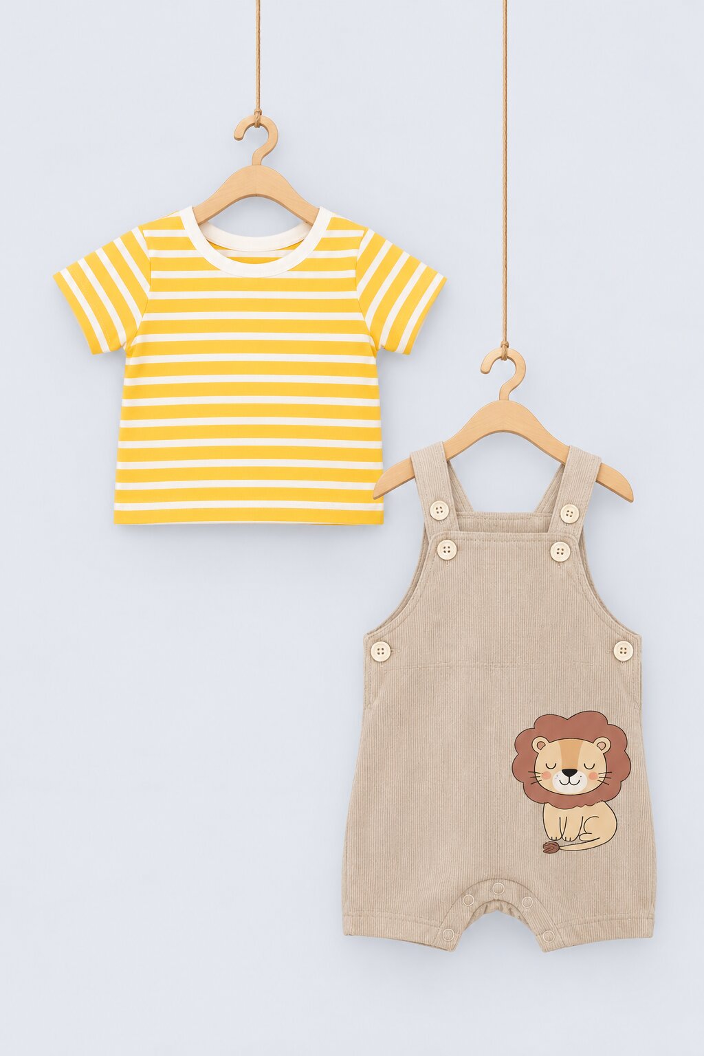 Infant Boys Beige and Yellow Lion Print Dungaree Set - Image 1